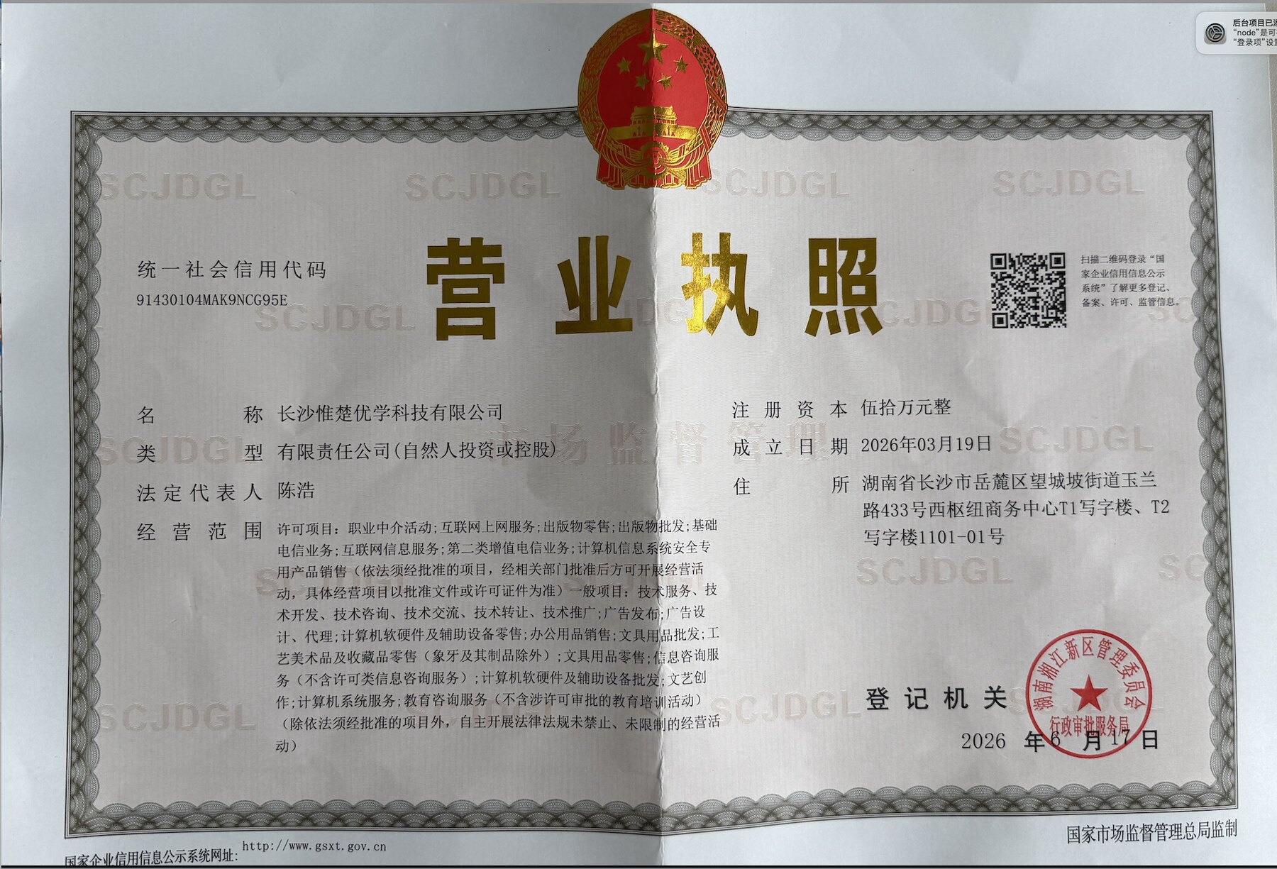 长沙惟楚优学科技有限公司营业执照